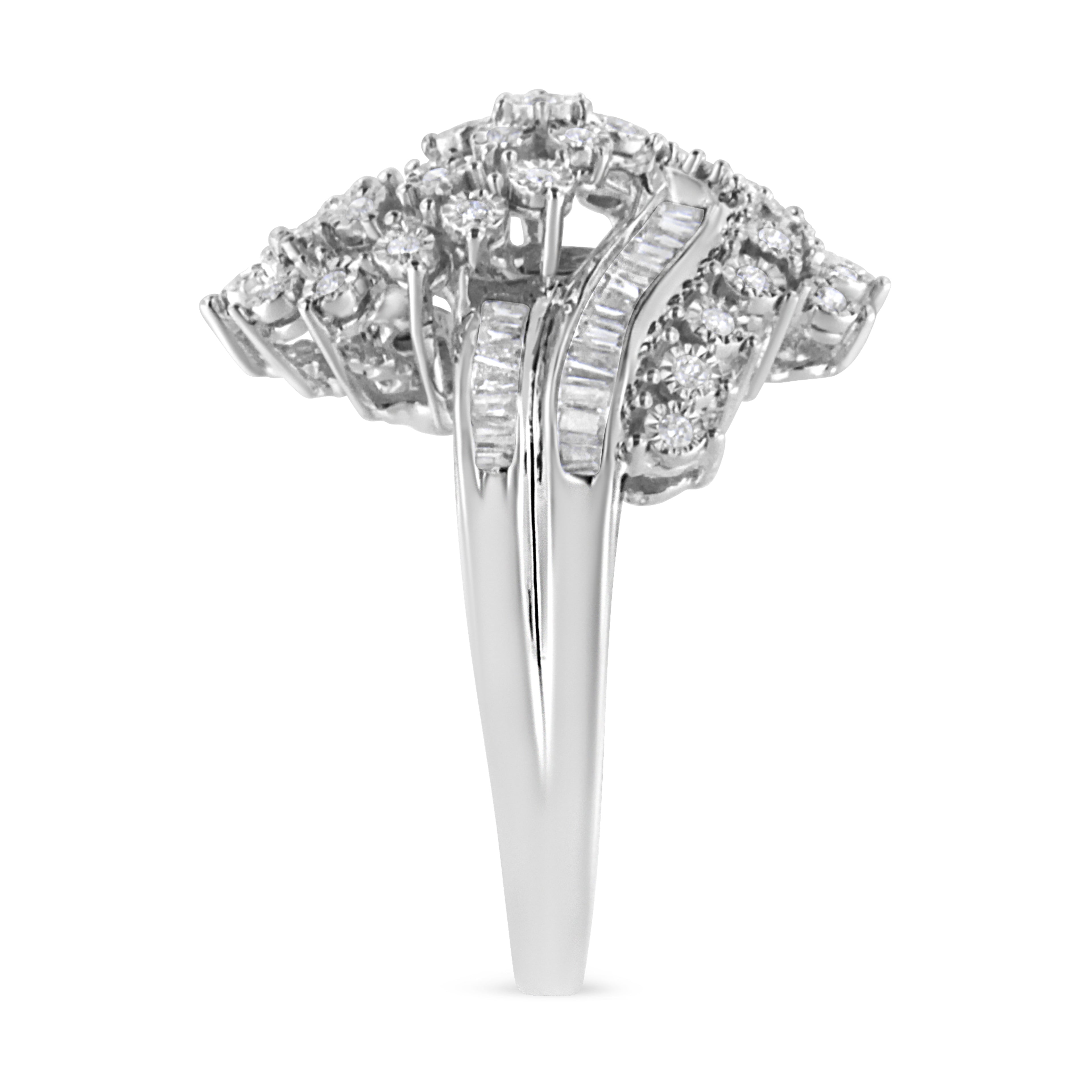 10K White Gold 1/2 Cttw Round and Baguette-Cut "S" Shaped Bypass Cocktail Ring (I-J Color, I1-I2 Clarity) - Size 6