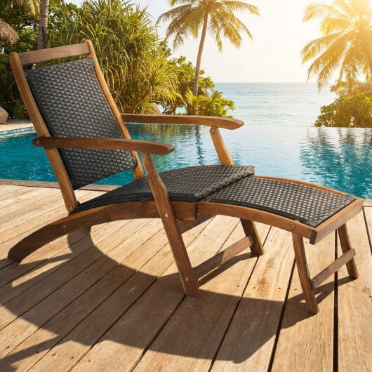 Patio Rattan Folding Lounge Chair with Acacia Wooden Frame Retractable Footrest Set of 2 - Color: Brown
