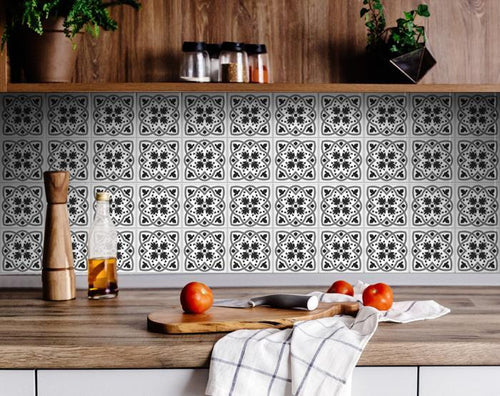 4" X 4" Charcoal And White Scroll Peel And Stick Removable Tiles