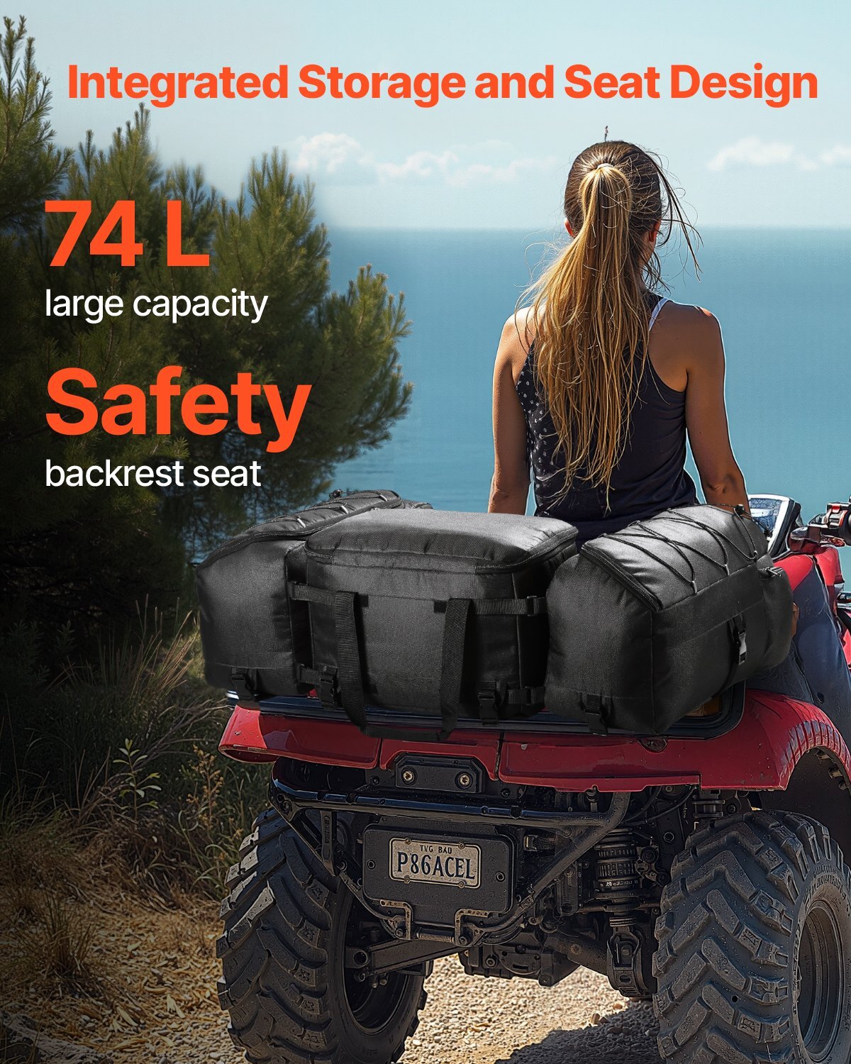 ATV Rear Storage Bag, 74L ATV Rear Cargo Bag with Cooler Insulated Bag, 600D Oxford Cloth Storage Rear Rack Seat Bag Fit Most ATVs with Rear Rack, Compatible with ATV, UTV, Can-Am Vehicles