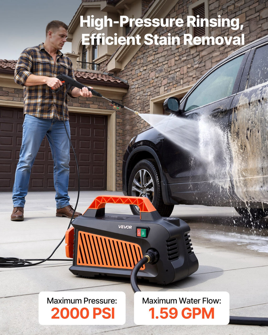 Electric Pressure Washer, 2000 Max PSI 1.59 Max GPM, Portable Power Washer with 4 Nozzles, Metal Extension Wand, Built-in Carry Handle, Compact & Flexible for  Cars,Driveways,Patios,Fences,Home
