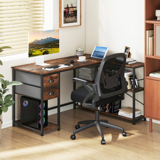 L Shaped Desk with Charging Station Corner Computer Desk with 2 Fabric Drawers-Rustic Brown - Color: Rustic Brown