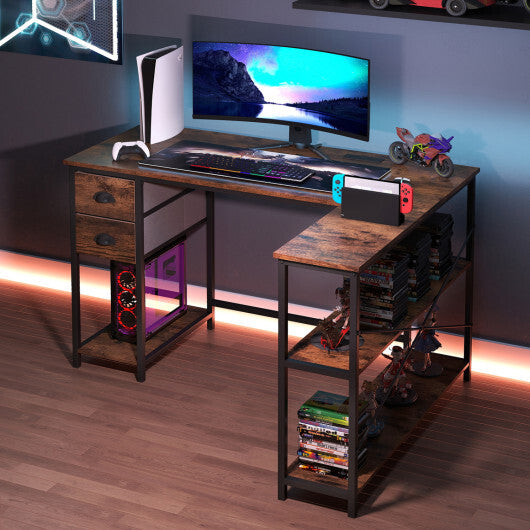 L Shaped Desk with Charging Station Corner Computer Desk with 2 Fabric Drawers-Rustic Brown - Color: Rustic Brown
