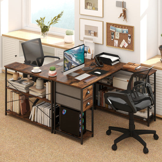 L Shaped Desk with Charging Station Corner Computer Desk with 2 Fabric Drawers-Rustic Brown - Color: Rustic Brown