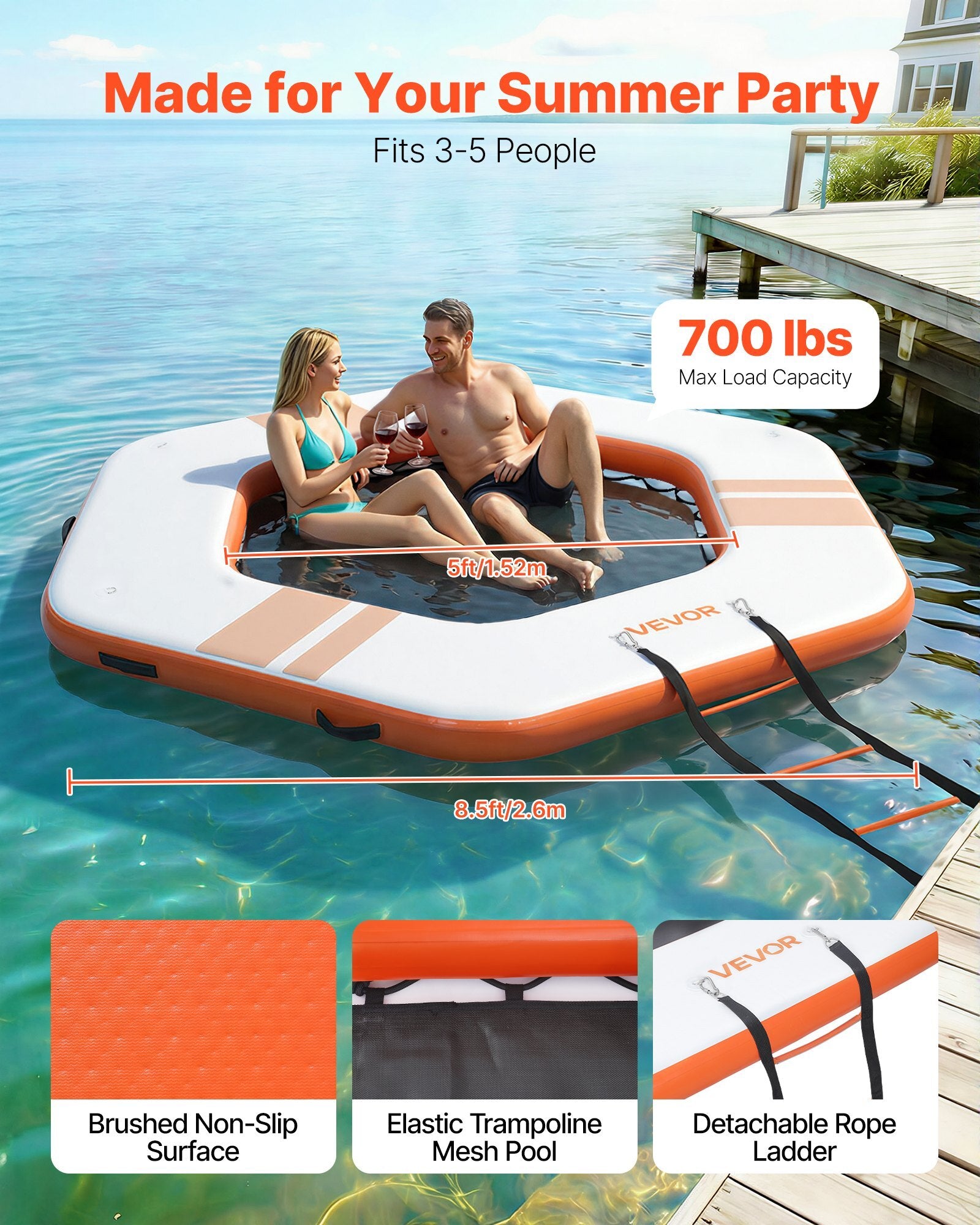 Inflatable Floating Dock, 8.5x8.5 FT Inflatable Dock Platform, Non-Slip Water Mat with Portable Carrying Bag & Detachable Ladder, Floating Water Platform Island Raft for Pool Beach Ocean, Orange