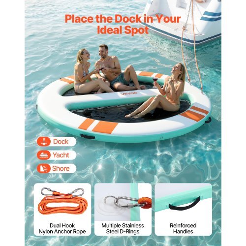 Inflatable Floating Dock, 10x8 FT Round Inflatable Dock Platform, Non-Slip Water Air Mat with Portable Carrying Bag & Detachable Ladder, Floating Water Platform Island Raft for Pool Beach Ocean