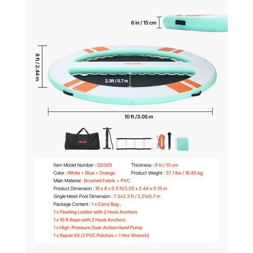 Inflatable Floating Dock, 10x8 FT Round Inflatable Dock Platform, Non-Slip Water Air Mat with Portable Carrying Bag & Detachable Ladder, Floating Water Platform Island Raft for Pool Beach Ocean