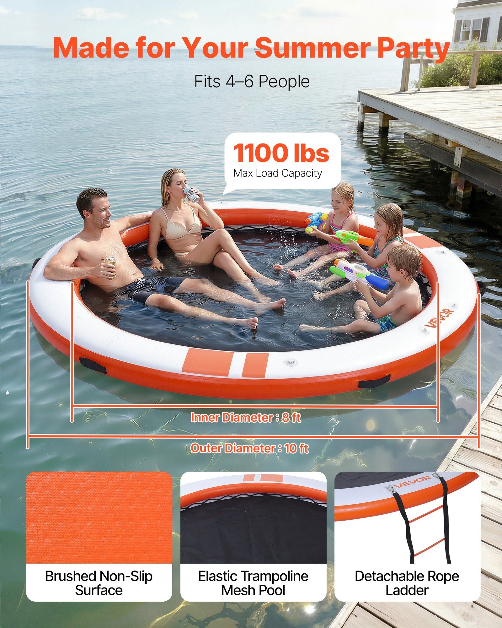 Inflatable Floating Dock, 10 FT Inflatable Dock Platform, Non-Slip Water Air Mat with Portable Carrying Bag & Detachable Ladder, Floating Water Platform Island Raft for Pool Beach Ocean, Orange