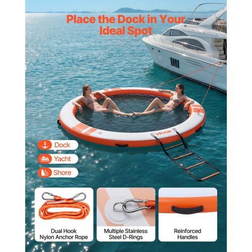 Inflatable Floating Dock, 10 FT Inflatable Dock Platform, Non-Slip Water Air Mat with Portable Carrying Bag & Detachable Ladder, Floating Water Platform Island Raft for Pool Beach Ocean, Orange