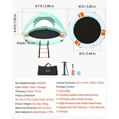 Inflatable Floating Dock, 10FT Round Inflatable Dock Platform, Non-Slip Water Floating Mat with Portable Carrying Bag & Detachable Ladder, Platform Island Raft for Pool Beach Ocean