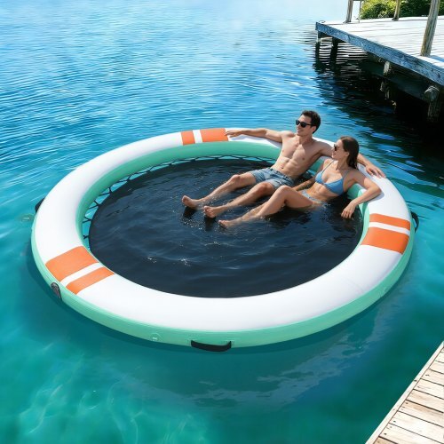 Inflatable Floating Dock, 12 FT Round Inflatable Dock Platform, Non-Slip Water Air Mat with Portable Carrying Bag and Detachable Ladder, Floating Water Platform Island Raft for Pool Beach Ocean