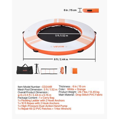 Inflatable Floating Dock, 8 FT Inflatable Dock Platform, Non-Slip Water Air Mat with Portable Carrying Bag and Detachable Ladder, Floating Water Platform Island Raft for Pool Beach Ocean, Orange