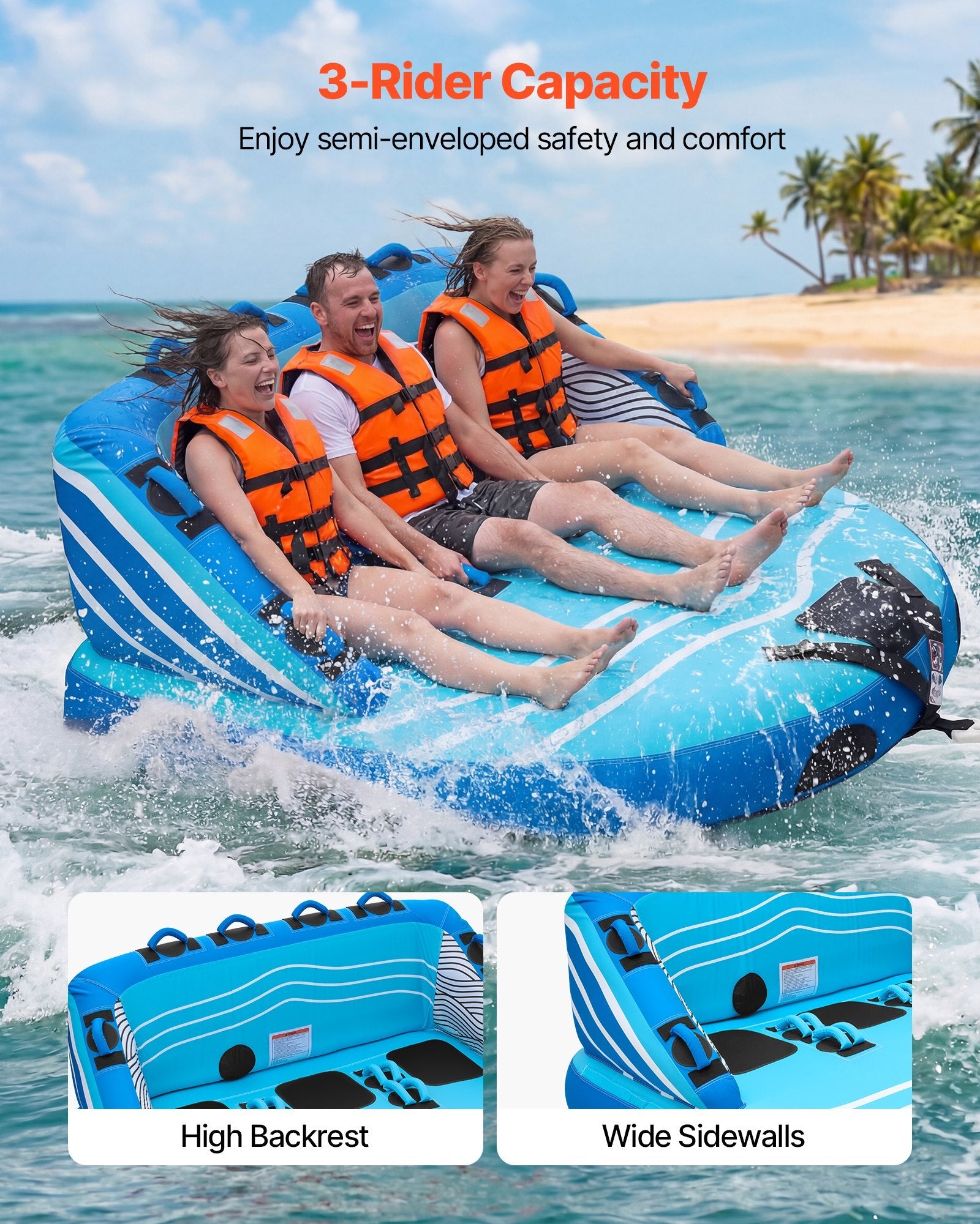 Towable Tubes for Boating, 3-Rider Inflatable Towable Tube for Boat to Pull, 510 lbs Capacity Water Sports Boating Tubes - with Full Nylon Cover, Dual Tow Points, Safety Valve & Padded Handles