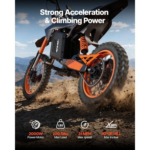 Electric Dirt Bike for Teens Adults, 2000W Motor, 31 MPH Speed, 31 Miles Max Range, 48V 22.5Ah Battery, Off-Road Motorcycle with Light, Display, Dual Suspension & Hydraulic Brakes for Age 14+