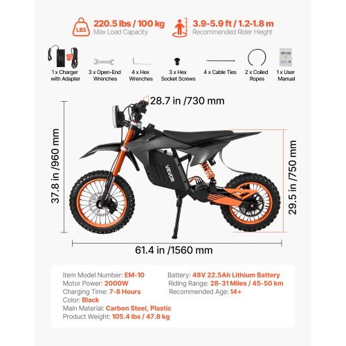 Electric Dirt Bike for Teens Adults, 2000W Motor, 31 MPH Speed, 31 Miles Max Range, 48V 22.5Ah Battery, Off-Road Motorcycle with Light, Display, Dual Suspension & Hydraulic Brakes for Age 14+