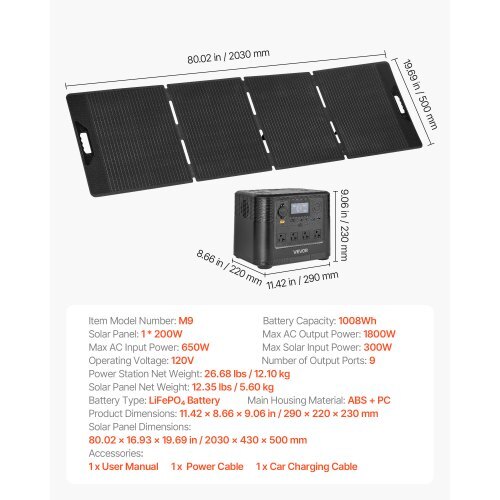 Portable Power Station with 200W Solar Panel, 1800W Solar Generator Power Station, 1008Wh LiFePO4 Battery Backup with 9 Output Ports for for Home Emergency, Outdoor Camping, RV Travel