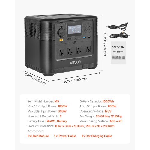 Portable Power Station, 1800W Solar Generator Power Station, 1008Wh LiFePO4 Battery Backup with 9 Output Ports for for Home Emergency, Outdoor Camping, RV Travel (Solar Panel NOT Included)