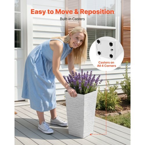 Tall Planters Set of 2, 23 Inch Large Outdoor Taper Planters for Outdoor Indoor Plants, Front Porch Plastic Modern Flower Pots with Casters, Inner Pot & Drainage Holes for Patio, Garden, White