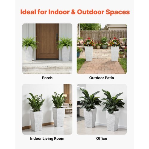 Tall Planters Set of 2, 23 Inch Large Outdoor Taper Planters for Outdoor Indoor Plants, Front Porch Plastic Modern Flower Pots with Casters, Inner Pot & Drainage Holes for Patio, Garden, White