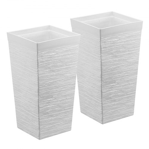 Tall Planters Set of 2, 23 Inch Large Outdoor Taper Planters for Outdoor Indoor Plants, Front Porch Plastic Modern Flower Pots with Casters, Inner Pot & Drainage Holes for Patio, Garden, White