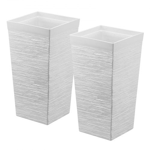 Tall Planters Set of 2, 23 Inch Large Outdoor Taper Planters for Outdoor Indoor Plants, Front Porch Plastic Modern Flower Pots with Casters, Inner Pot & Drainage Holes for Patio, Garden, White