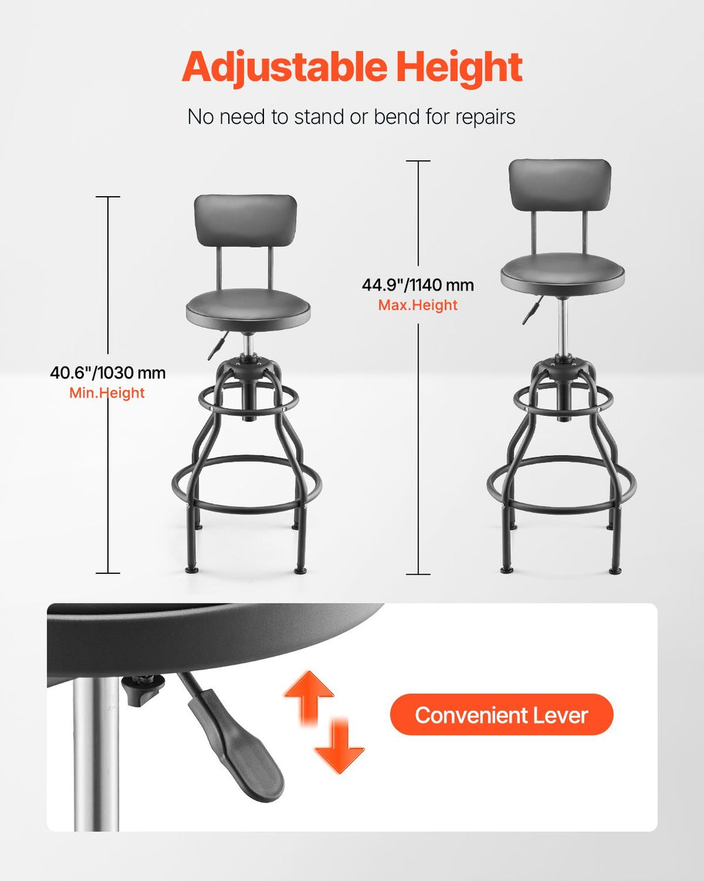Shop Stool with Backrest, Pneumatic Garage Seat/Work Stool with 300 lbs Capacity, Adjustable Height Roller Creeper Seat, 360 Swivel Padded Workshop Stool, for Garage, Shop & Auto Repair, Black