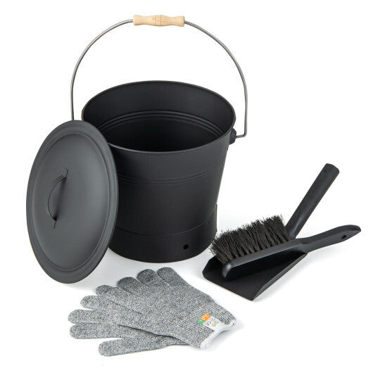Ash Bucket with Lid and Cut-resistant Gloves-Black - Color: Black