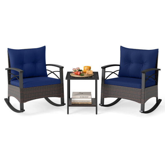 3 Piece Rocking Bistro Set PE Rattan Rocker Chairs with Acacia Wood Top Table-Navy - Color: Navy