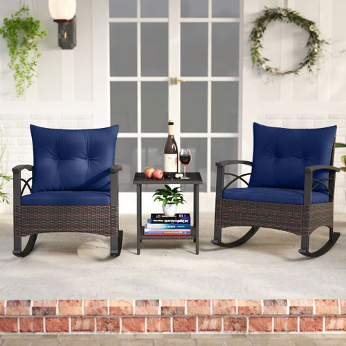 3 Piece Rocking Bistro Set PE Rattan Rocker Chairs with Acacia Wood Top Table-Navy - Color: Navy