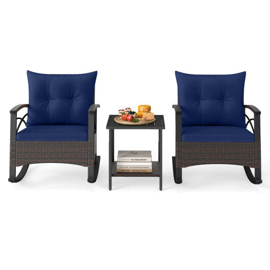 3 Piece Rocking Bistro Set PE Rattan Rocker Chairs with Acacia Wood Top Table-Navy - Color: Navy