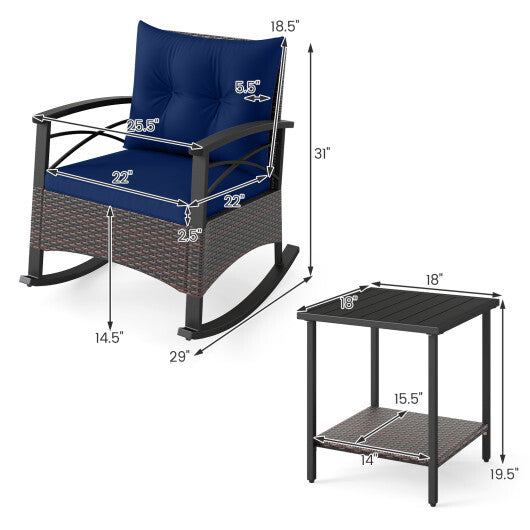 3 Piece Rocking Bistro Set PE Rattan Rocker Chairs with Acacia Wood Top Table-Navy - Color: Navy