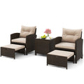 5PCS Outdoor Rattan Conversation Set Wicker Lounge Chairs with 2 Ottoman Stools and Glass Top Side Table-Beige - Color: Beige
