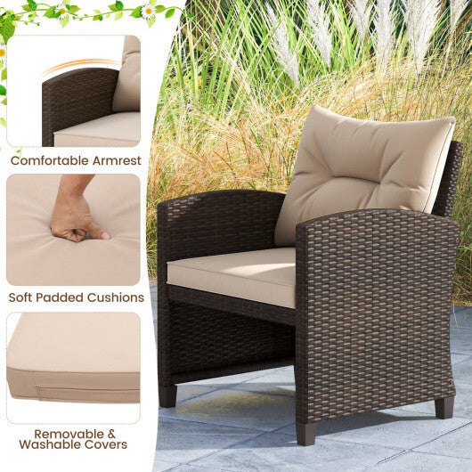 5PCS Outdoor Rattan Conversation Set Wicker Lounge Chairs with 2 Ottoman Stools and Glass Top Side Table-Beige - Color: Beige