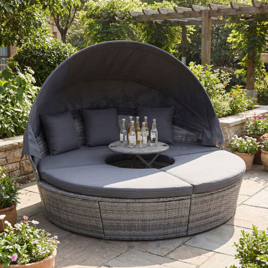 Outdoor PE Wicker Round Daybed with Retractable Canopy and Cushions-Gray - Color: Gray