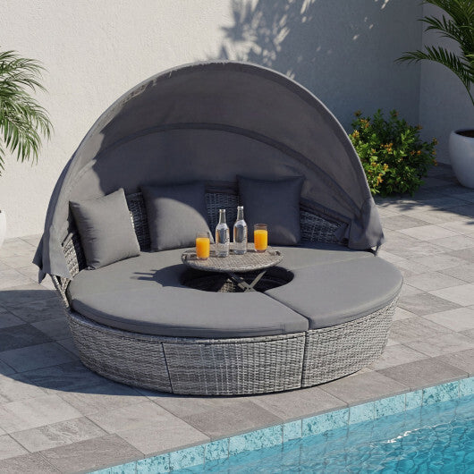 Outdoor PE Wicker Round Daybed with Retractable Canopy and Cushions-Gray - Color: Gray