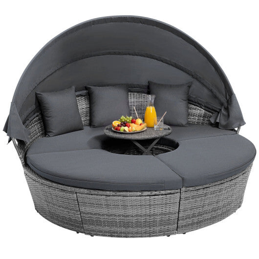 Outdoor PE Wicker Round Daybed with Retractable Canopy and Cushions-Gray - Color: Gray