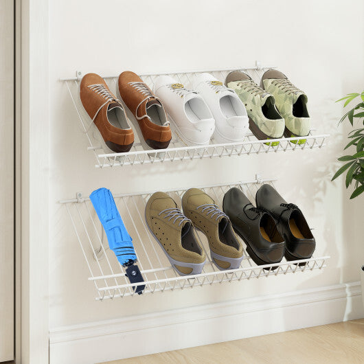 Closet Shelves Wall Mounted Set of 2 Metal Wire Shoe Racks - Color: White