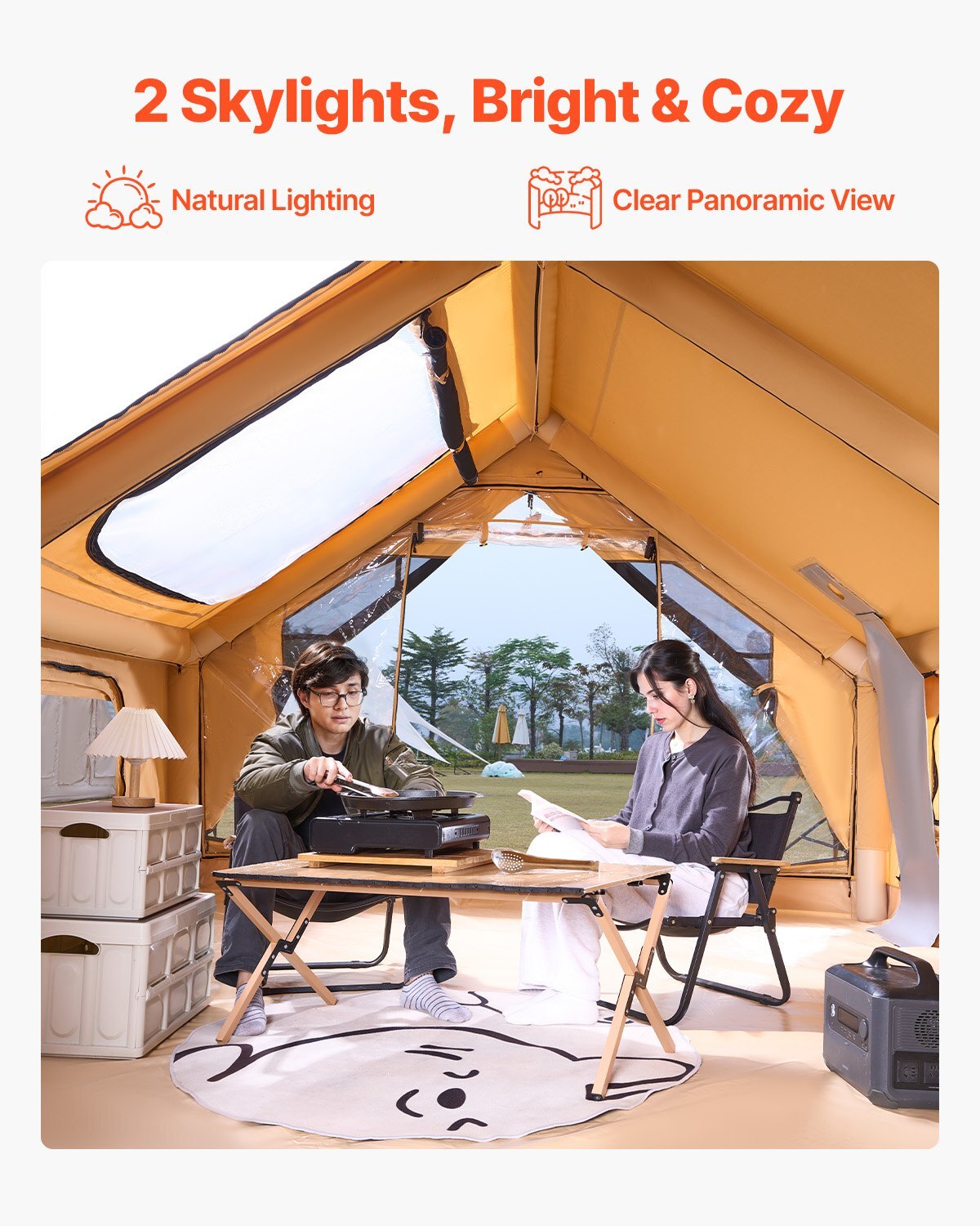 Inflatable Tents for Camping, 5-8 Person Easy Setup Blow up Tent with Hand Pump, Luxury Glamping Tent with 2 Skylights, Canopy, Stove Jack 2 Doors & Mesh Windows (Storage Bag Included)