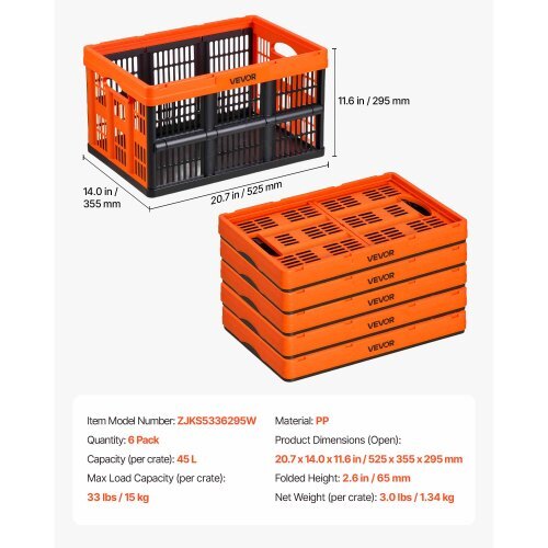 Plastic Collapsible Storage Bins, 45L 6 Packs, Stackable Folding Storage Crates with Handles, Holds 33 lbs Per Bin, Foldable Heavy Duty Containers, Space-Saving Baskets, for Home Organizing
