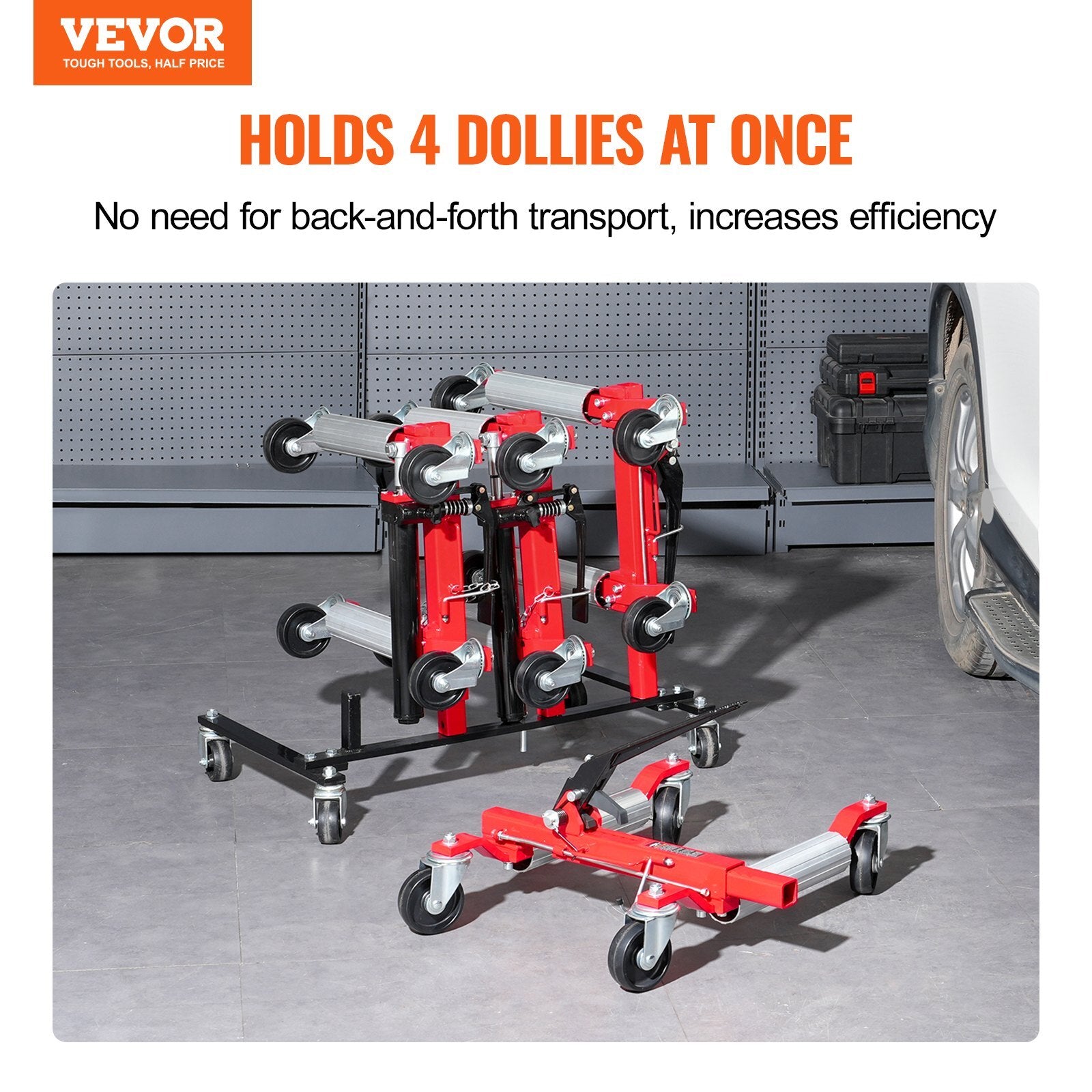 Car Dolly Rack, Storage Rack with 360 Rotatable Wheels, Hydraulic Ratchet Trolley Jack Stand Organizer, Jack Stands Holder Storage Rack, 4-Dolly Capacity, Compatible with Most Dollies
