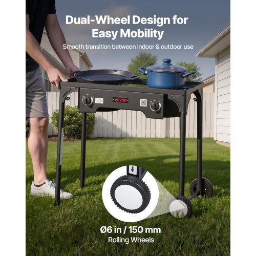 2 Burner Outdoor Propane Gas Stove, 150,000 BTU Propane LPG Gas Camping Stove, Heavy-duty Carbon Steel Outdoor Cooker, with 2 Wheels & 20 PSI Regulator & Hose, for BBQ Camp Home Patio Backyard
