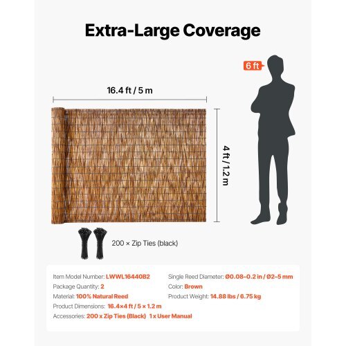 Natural Reed Fencing, 4 ft x 16.4 ft, 2 Pack Decorative Natural Reed Fencing Roll, Decorative Fence for Divider, Privacy Screen Panel Curtain for Balcony Patio Garden Backyard Outdoor, Brown
