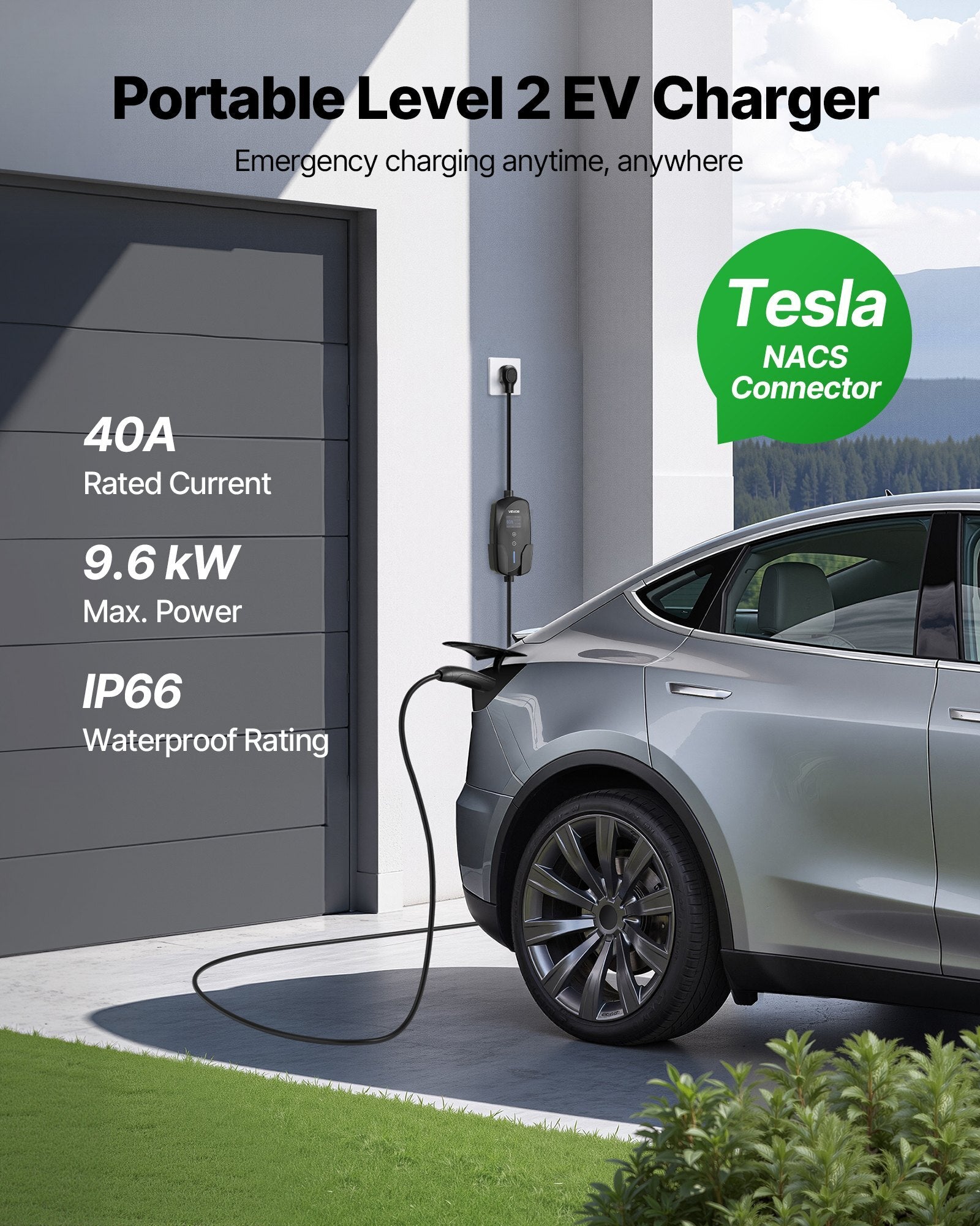 Level 2 Tesla Charger, 40 Amp Adjustable Current, 240V Portable Home Electric Car EV Charger with 25 ft Charging Cable, NEMA 14-50P Plug, LCD Display, NACS Connector, for Tesla Model Y/X/3/S