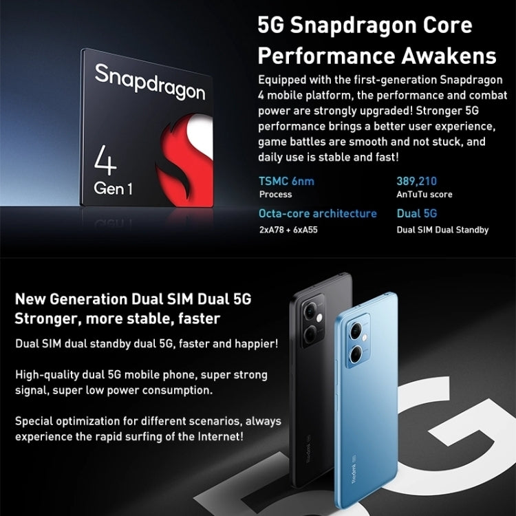 Xiaomi Redmi Note 12 5G, 48MP Camera, 8GB+128GB, Dual Back Cameras, 5000mAh Battery, Side Fingerprint Identification, 6.67 inch MIUI 13 Qualcomm Snapdragon 4 Gen1 Octa Core up to 2.0GHz, Network: 5G, Dual SIM, IR, Not Support Google Play(Blue)