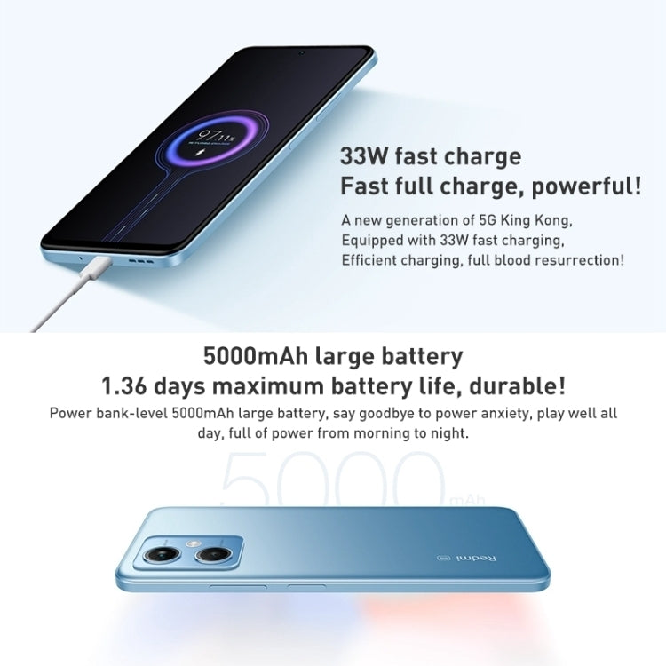 Xiaomi Redmi Note 12 5G, 48MP Camera, 8GB+256GB, Dual Back Cameras, 5000mAh Battery, Side Fingerprint Identification, 6.67 inch MIUI 13 Qualcomm Snapdragon 4 Gen1 Octa Core up to 2.0GHz, Network: 5G, Dual SIM, IR, Not Support Google Play(Blue)