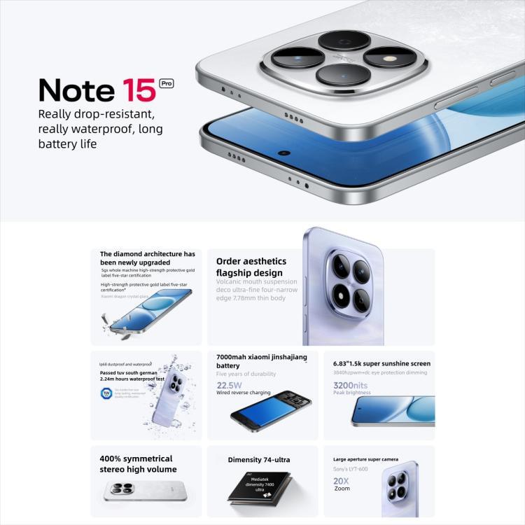 Xiaomi Redmi Note 15 Pro 5G, 12GB+256GB, 6.83 inch Xiaomi HyperOS 2 Dimensity 7400-Ultra Octa Core, Network: 5G, NFC (Sky Blue)