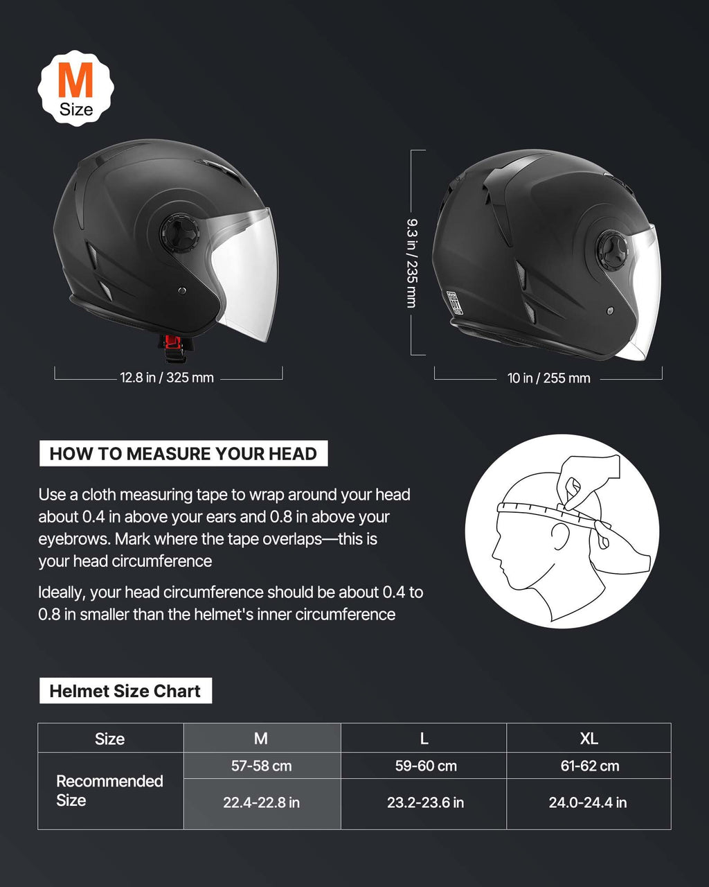 Motorcycle Helmet, 3/4 Open Face, Adult Motocross Dirt Bike Helmet with Clear Visor, Comfortable Motorbike Racing Street with Detachable Liner for Men & Women, DOT Approved, (Matte Black, M)