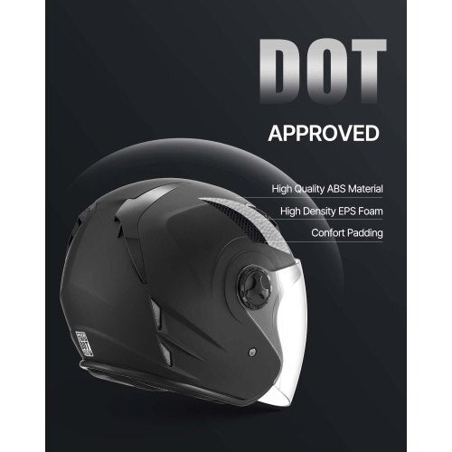 Motorcycle Helmet, 3/4 Open Face, Adult Motocross Dirt Bike Helmet with Clear Visor, Comfortable Motorbike Racing Street with Detachable Liner for Men & Women, DOT Approved, (Matte Black, M)