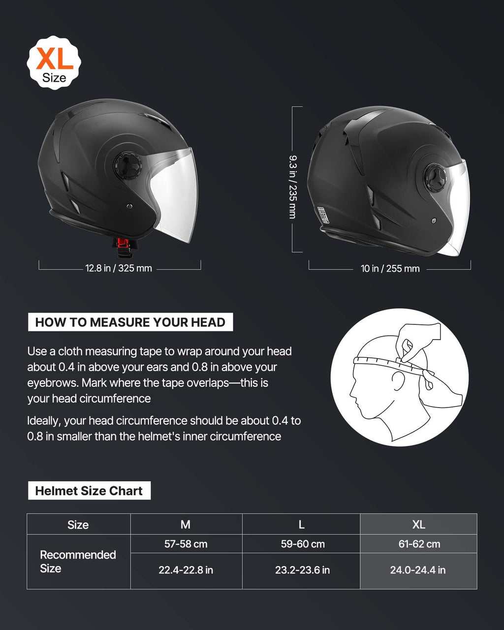 Motorcycle Helmet, 3/4 Open Face, Adult Motocross Dirt Bike Helmet with Clear Visor, Comfortable Motorbike Racing Street with Detachable Liner for Men & Women, DOT Approved, (Matte Black, XL)