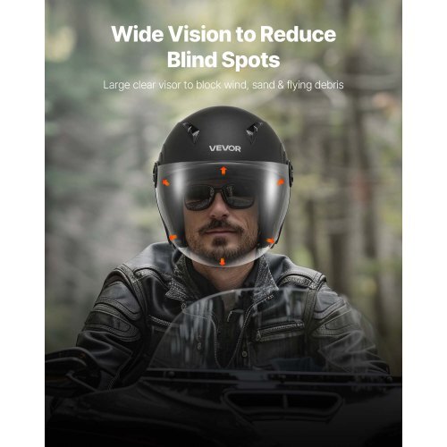 Motorcycle Helmet, 3/4 Open Face, Adult Motocross Dirt Bike Helmet with Clear Visor, Comfortable Motorbike Racing Street with Detachable Liner for Men & Women, DOT Approved, (Matte Black, XL)